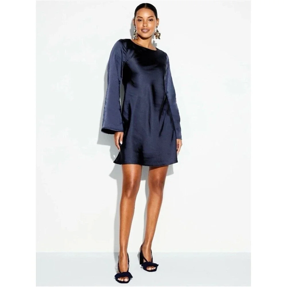 The Occasion by Old Navy Satin Flare-Sleeve Mini Dress Navy Size Medium NEW!